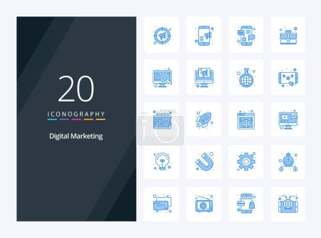 Téléchargez les illustrations : 20 Digital Marketing icône de couleur bleue pour la présentation - en licence libre de droit