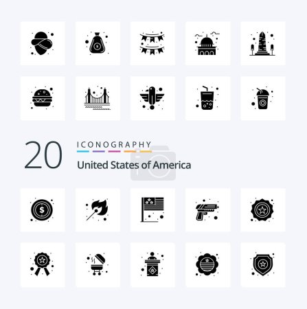 Illustration for 20 Usa Solid Glyph icon Pack like security weapon day army gun - Royalty Free Image
