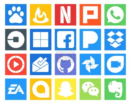 Illustration for 20 Social Media Icon Pack Including google duo. github. delicious. inbox. windows media player - Royalty Free Image