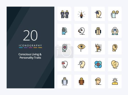 Illustration for 20 Concious Living And Personality Traits line Filled icon for presentation - Royalty Free Image