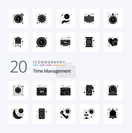 Téléchargez les illustrations : 20 Gestion du temps Solid Glyph icon Pack comme horloge calendrier smartphone mobile - en licence libre de droit