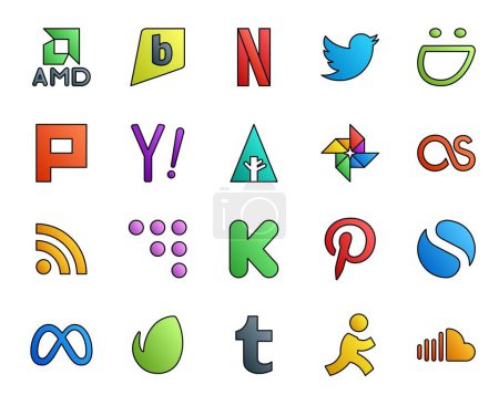 Illustration for 20 Social Media Icon Pack Including meta. pinterest. search. kickstarter. rss - Royalty Free Image
