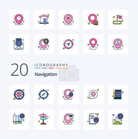 Ilustración de 20 Línea de navegación llena icono de color Pack como libro mapa mapa ubicación mensaje - Imagen libre de derechos