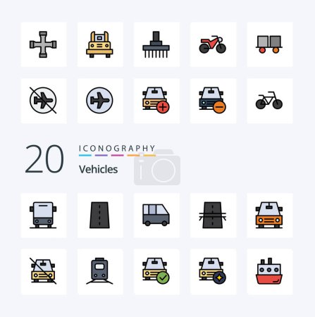 Téléchargez les photos : 20 Véhicules Ligne rempli couleur icône Pack comme grille chemin de construction pont minibus - en image libre de droit