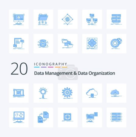 Téléchargez les illustrations : 20 Gestion des données et organisation des données Icône couleur bleue Pack comme document gestion de l'avancement des processus cloud - en licence libre de droit