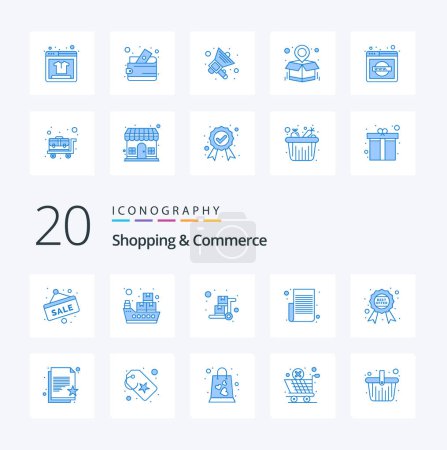 Illustration for 20 Shopping And Commerce Blue Color icon Pack. like award. text list. handcart. shopping list. item list - Royalty Free Image