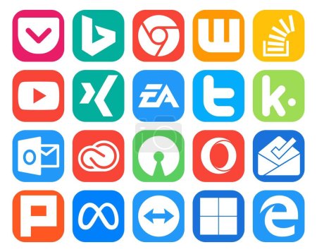 Illustration for 20 Social Media Icon Pack Including outlook. tweet. youtube. twitter. ea - Royalty Free Image