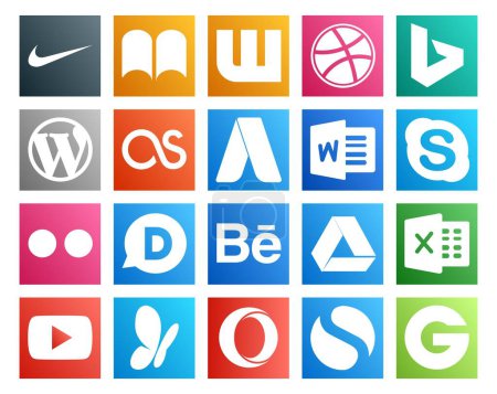 Illustration for 20 Social Media Icon Pack Including youtube. google drive. adwords. behance. flickr - Royalty Free Image