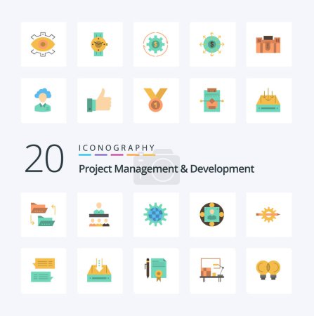 Illustration for 20 Project Management And Development Flat Color icon Pack like business world office work development - Royalty Free Image