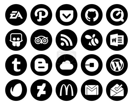 Téléchargez les illustrations : 20 Pack d'icônes pour les médias sociaux incluant la voiture. icloud. tripadvisor. blogueur. mot - en licence libre de droit