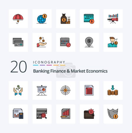 Ilustración de 20 Finanzas Bancarias Y Economía de Mercado Línea Llena de Icono de Color Pack como la caza de la analítica financiera objetivo en efectivo - Imagen libre de derechos