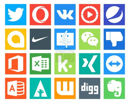 Ilustración de 20 Paquete de iconos de redes sociales Incluyendo teamviewer. kik. nike. Excelente. disgusto - Imagen libre de derechos