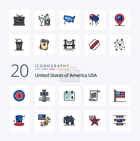Téléchargez les illustrations : 20 Usa ligne rempli couleur icône Pack comme Etats-Unis date drapeau américain - en licence libre de droit