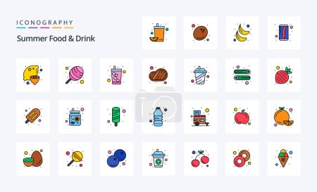 Téléchargez les illustrations : 25 Summer Food & Drink Line Emballage d'icônes rempli - en licence libre de droit