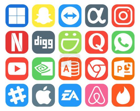 Téléchargez les illustrations : 20 Pack d'icônes pour les médias sociaux, y compris le jeu. chrome. quora. accès microsoft. vidéo - en licence libre de droit