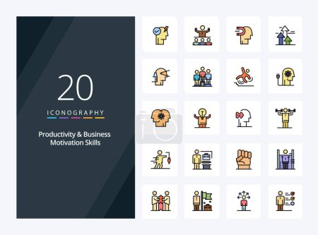 Illustration for 20 Productivity And Business Motivation Skills line Filled icon for presentation - Royalty Free Image