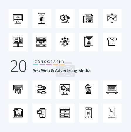 Illustration for 20 Seo Web And Advertising Media Line icon Pack like black coffee mug generator coffee gear - Royalty Free Image