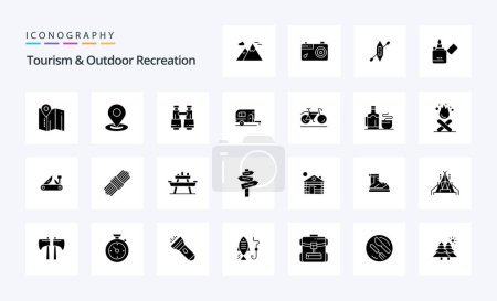 Téléchargez les illustrations : 25 Tourisme et loisirs en plein air Solid Glyph icône pack - en licence libre de droit