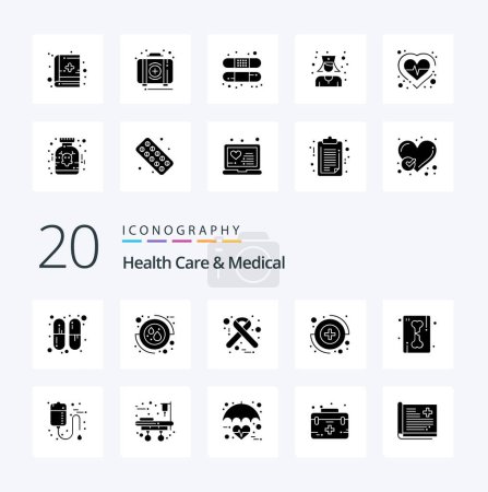 Téléchargez les illustrations : 20 soins de santé et icône médicale Glyphe solide Pack comme squelette ligne de rayons X hôpital os médical - en licence libre de droit