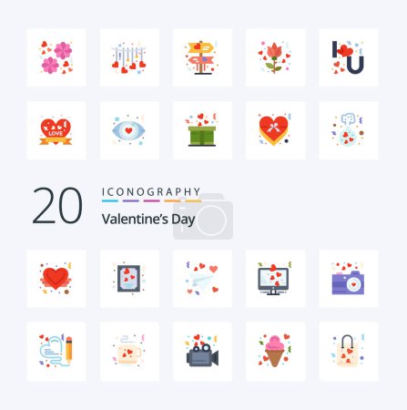 Téléchargez les illustrations : 20 Valentines Day Flat Color icon Pack comme amour lettre de signe d'amour coeur d'amour - en licence libre de droit
