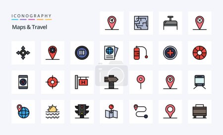 Ilustración de 25 Mapas de viaje de línea llena icono de estilo pack - Imagen libre de derechos