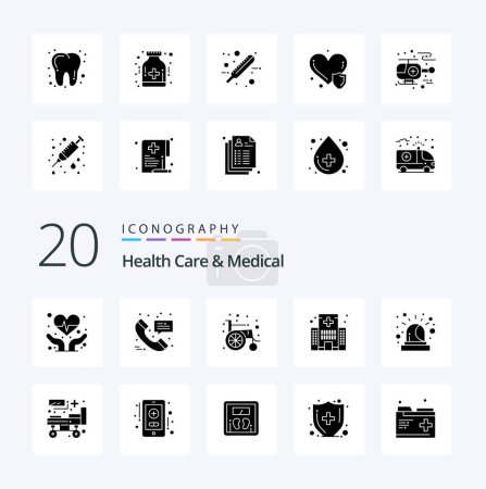 Téléchargez les illustrations : 20 soins de santé et icône de glyphe solide médical Pack comme roue d'alarme de sirène santé médicale - en licence libre de droit