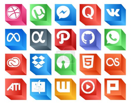 Téléchargez les illustrations : 20 Pack d'icônes pour les médias sociaux incluant le html. dropbox. app net. adobe. nuage créatif - en licence libre de droit
