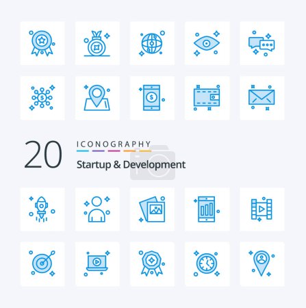 Illustration for 20 Startup And Develepment Blue Color icon Pack like aim film image play chart - Royalty Free Image