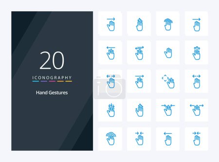 Téléchargez les illustrations : 20 gestes de main Icône de couleur bleue pour la présentation - en licence libre de droit