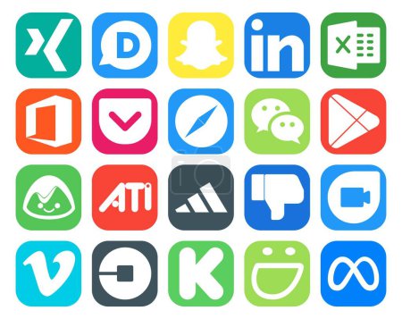 Illustration for 20 Social Media Icon Pack Including google duo. adidas. browser. ati. apps - Royalty Free Image