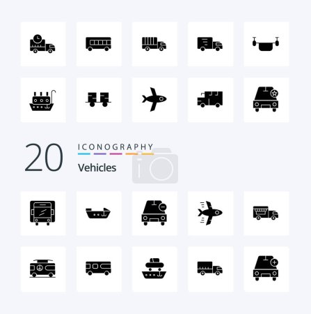 Illustration for 20 Vehicles Solid Glyph icon Pack like combo shop on wheels less ice cream flying - Royalty Free Image