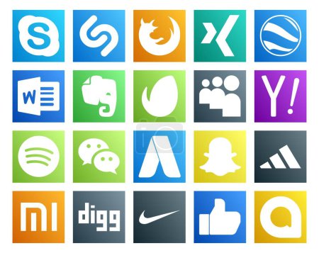 Ilustración de 20 Paquete de iconos de redes sociales Incluyendo snapchat. mensajero. evernote. wechat. búsqueda - Imagen libre de derechos