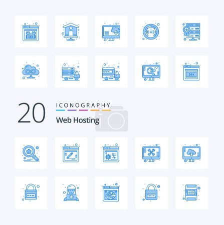 Téléchargez les illustrations : 20 Web Hosting Blue Color icon Pack comme des outils informatiques écran technique de contrôle web - en licence libre de droit