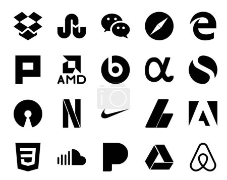 Illustration for 20 Social Media Icon Pack Including adobe. adsense. amd. nike. open source - Royalty Free Image