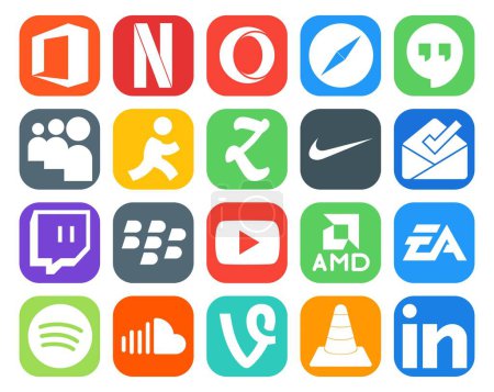 Illustration for 20 Social Media Icon Pack Including ea. amd. zootool. video. blackberry - Royalty Free Image