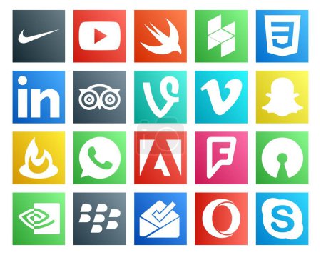 Ilustración de 20 Paquete de iconos de redes sociales Incluyendo código abierto. adobe. Viajar. whatsapp. snapchat - Imagen libre de derechos