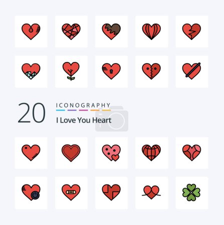 Téléchargez les illustrations : 20 Heart Line rempli couleur icône Pack comme favori globe cadeau coeur comme - en licence libre de droit