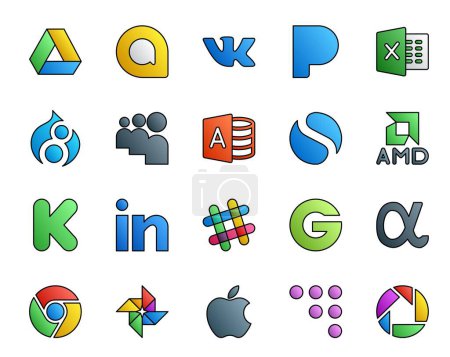 Illustration for 20 Social Media Icon Pack Including photo. app net. simple. groupon. slack - Royalty Free Image