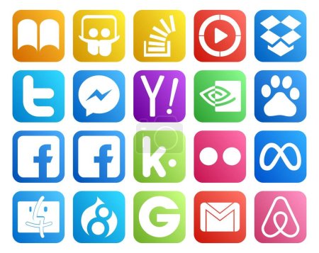 Téléchargez les illustrations : 20 Pack d'icônes pour les médias sociaux incluant kik. baidu. dropbox. Des nvidia. Ouah ! - en licence libre de droit