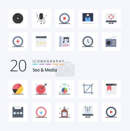 Téléchargez les illustrations : 20 Seo Media Flat Color icon Pack comme site web navigateur optimisation signet téléphone - en licence libre de droit
