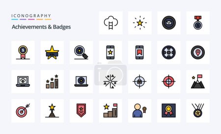 Téléchargez les illustrations : 25 Réalisations Badges Ligne Emballage d'icônes de style rempli - en licence libre de droit