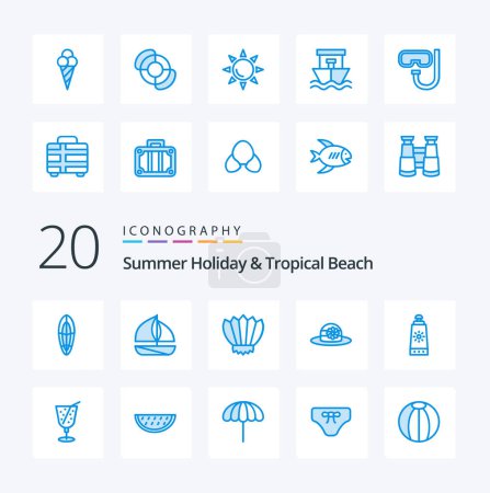 Téléchargez les illustrations : 20 Plage Bleu Couleur icône Pack comme écran solaire plage ailerons cap plage - en licence libre de droit