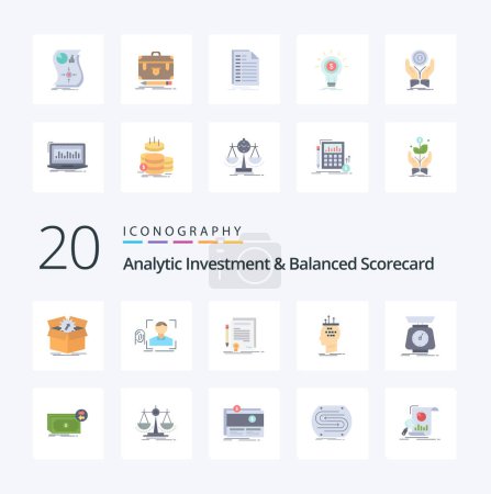 Illustration for 20 Analytic Investment And Balanced Scorecard Flat Color icon Pack like conclusion algorithm scan document contract - Royalty Free Image