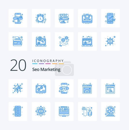 Téléchargez les illustrations : 20 Seo Marketing Icône de couleur bleue Pack comme navigateur cpc équipement web en ligne - en licence libre de droit