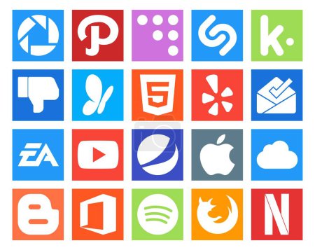 Illustration for 20 Social Media Icon Pack Including icloud. pepsi. yelp. video. sports - Royalty Free Image