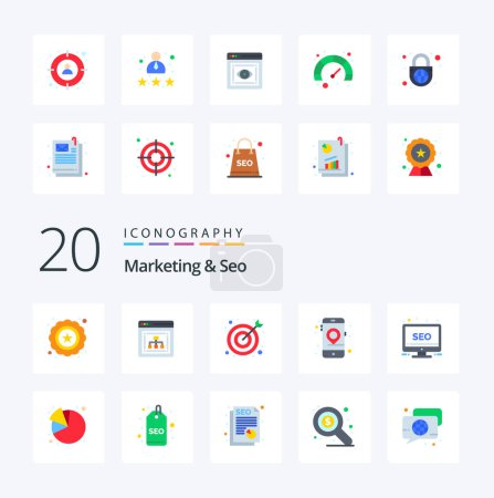 Ilustración de 20 Marketing y Seo Flat Color icono Pack como monitor SEO escritorio móvil - Imagen libre de derechos