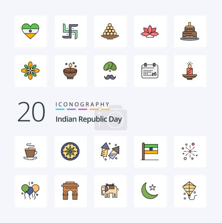 Ilustración de 20 Día de la República de la India línea llena icono de color Pack como signo de explosión de la bandera de Navidad año nuevo - Imagen libre de derechos