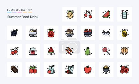 Téléchargez les illustrations : 25 Summer Food Drink Line Emballage d'icône de style rempli - en licence libre de droit