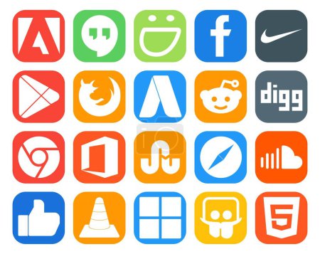 Ilustración de 20 Paquete de iconos de redes sociales Incluyendo soundcloud. safari. navegador. tropezar con. cromo - Imagen libre de derechos