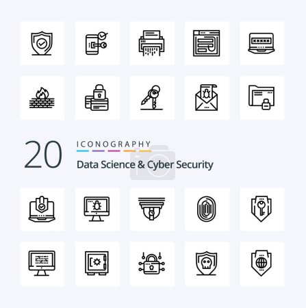 Téléchargez les illustrations : 20 Data Science Et Cyber Security Line icône Pack comme reconnaissance empreinte digitale bug cam sécurité - en licence libre de droit
